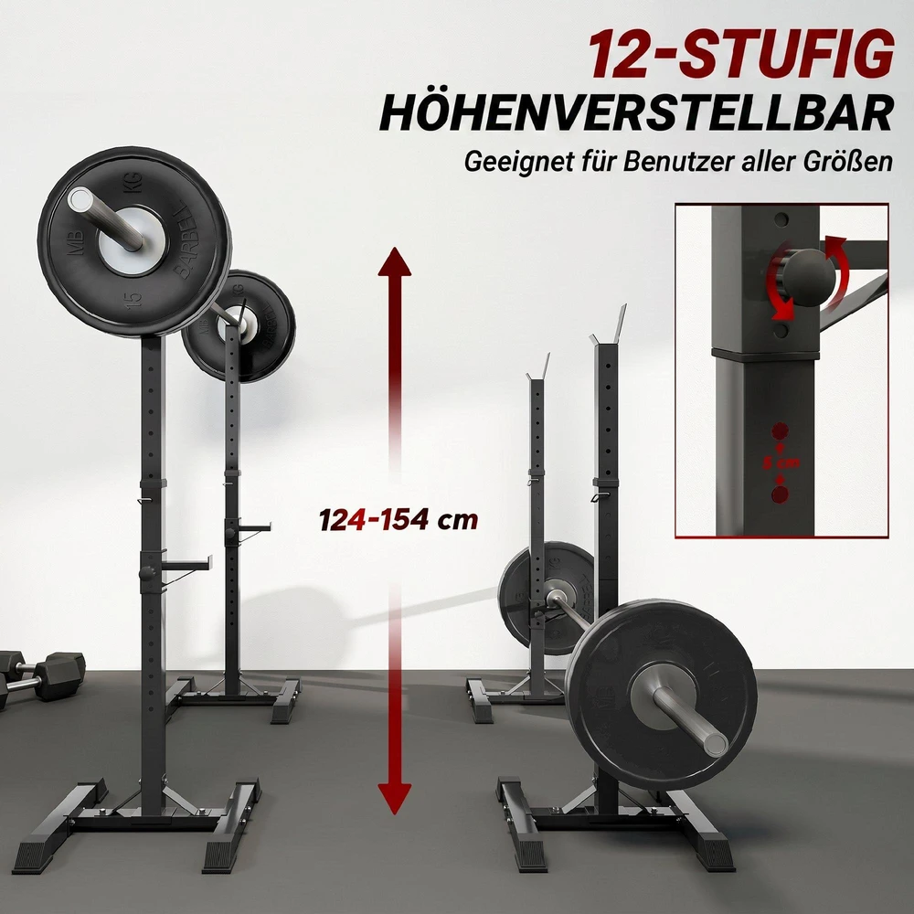 "HOMCOM" Stovas štangoms, 2 vnt., stovas štangoms, reguliuojamo aukščio stovas štangoms, štangos su guminėmis kojelėmis, 105-160 cm, jėgos treniruotėms, iki 150 kg, plienas