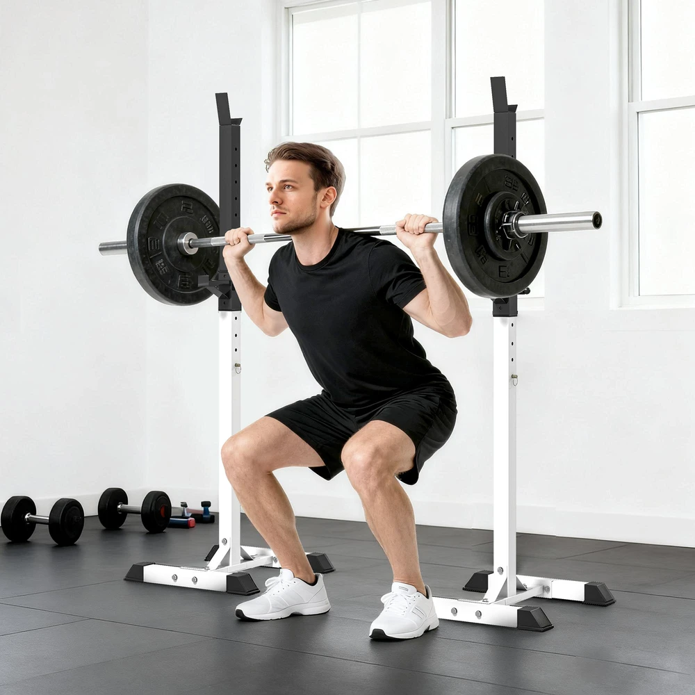 HOMCOM hantelių stovas, 2 vnt. komplektas, štangos stovas, reguliuojamo aukščio, su guminiais kojelių antgaliais, 105-160 cm, jėgos treniruotėms, iki 150 kg