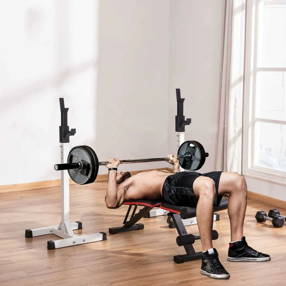 HOMCOM hantelių stovas, 2 vnt. komplektas, štangos stovas, reguliuojamo aukščio, su guminiais kojelių antgaliais, 105-160 cm, jėgos treniruotėms, iki 150 kg