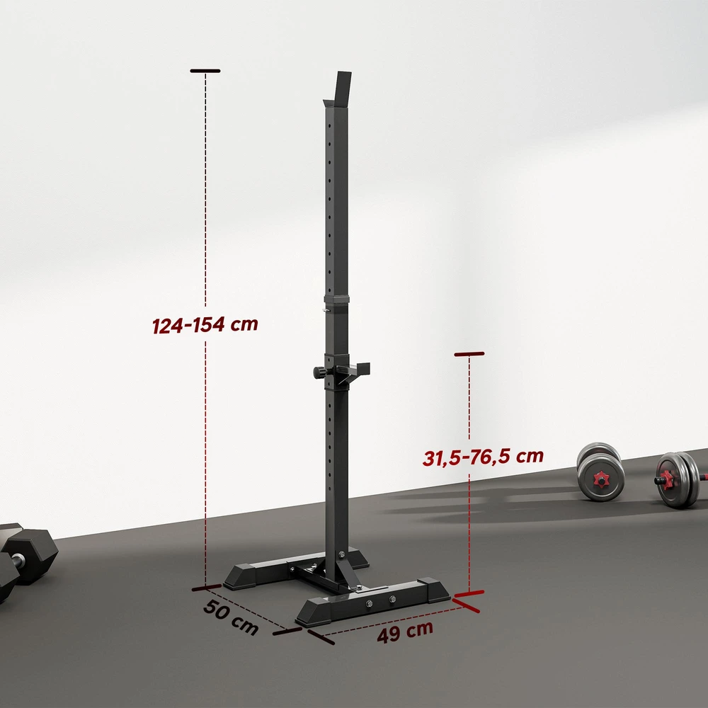 "HOMCOM" Stovas štangoms, 2 vnt., stovas štangoms, reguliuojamo aukščio stovas štangoms, štangos su guminėmis kojelėmis, 105-160 cm, jėgos treniruotėms, iki 150 kg, plienas