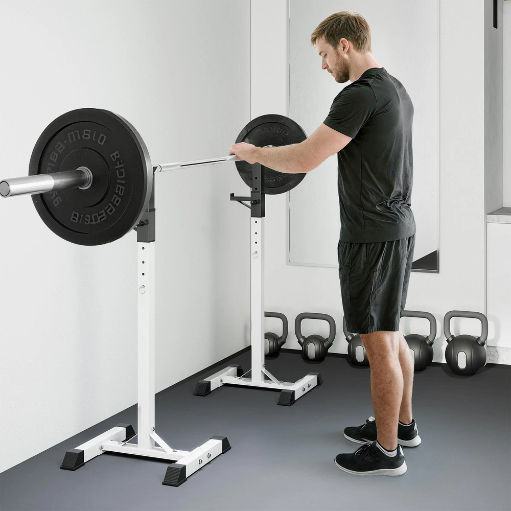 HOMCOM hantelių stovas, 2 vnt. komplektas, štangos stovas, reguliuojamo aukščio, su guminiais kojelių antgaliais, 105-160 cm, jėgos treniruotėms, iki 150 kg