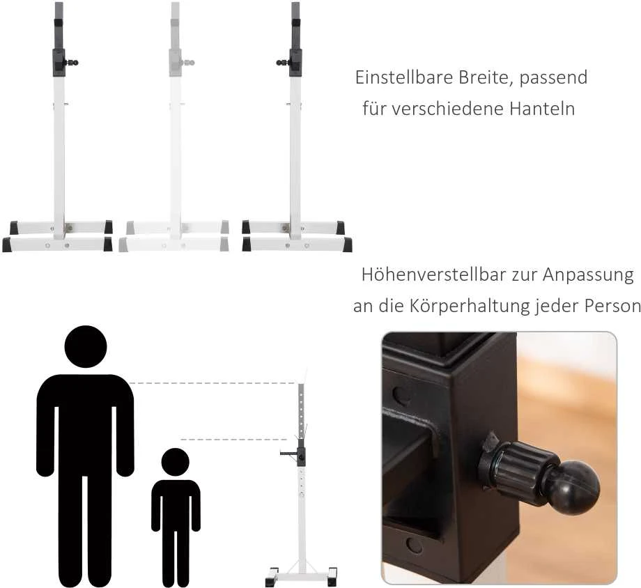 HOMCOM hantelių stovas, 2 vnt. komplektas, štangos stovas, reguliuojamo aukščio, su guminiais kojelių antgaliais, 105-160 cm, jėgos treniruotėms, iki 150 kg