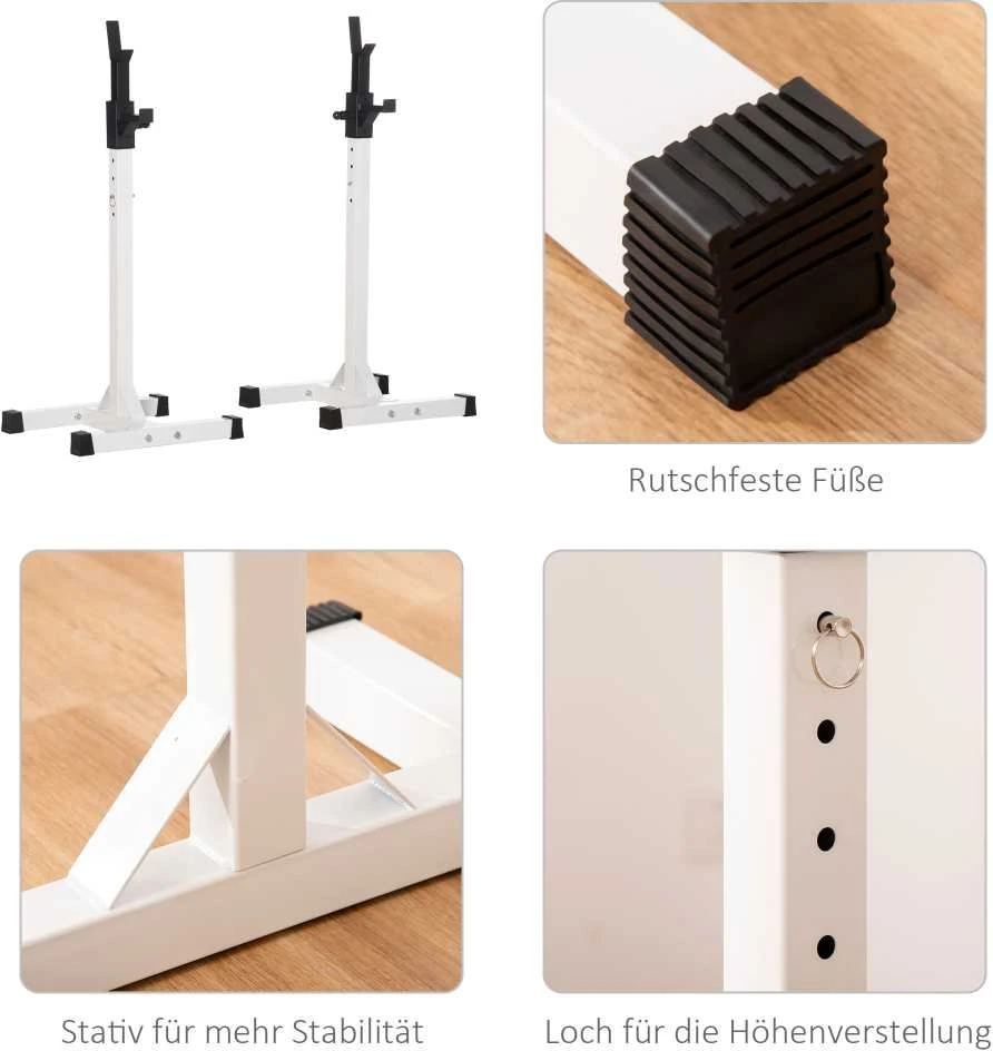 HOMCOM hantelių stovas, 2 vnt. komplektas, štangos stovas, reguliuojamo aukščio, su guminiais kojelių antgaliais, 105-160 cm, jėgos treniruotėms, iki 150 kg