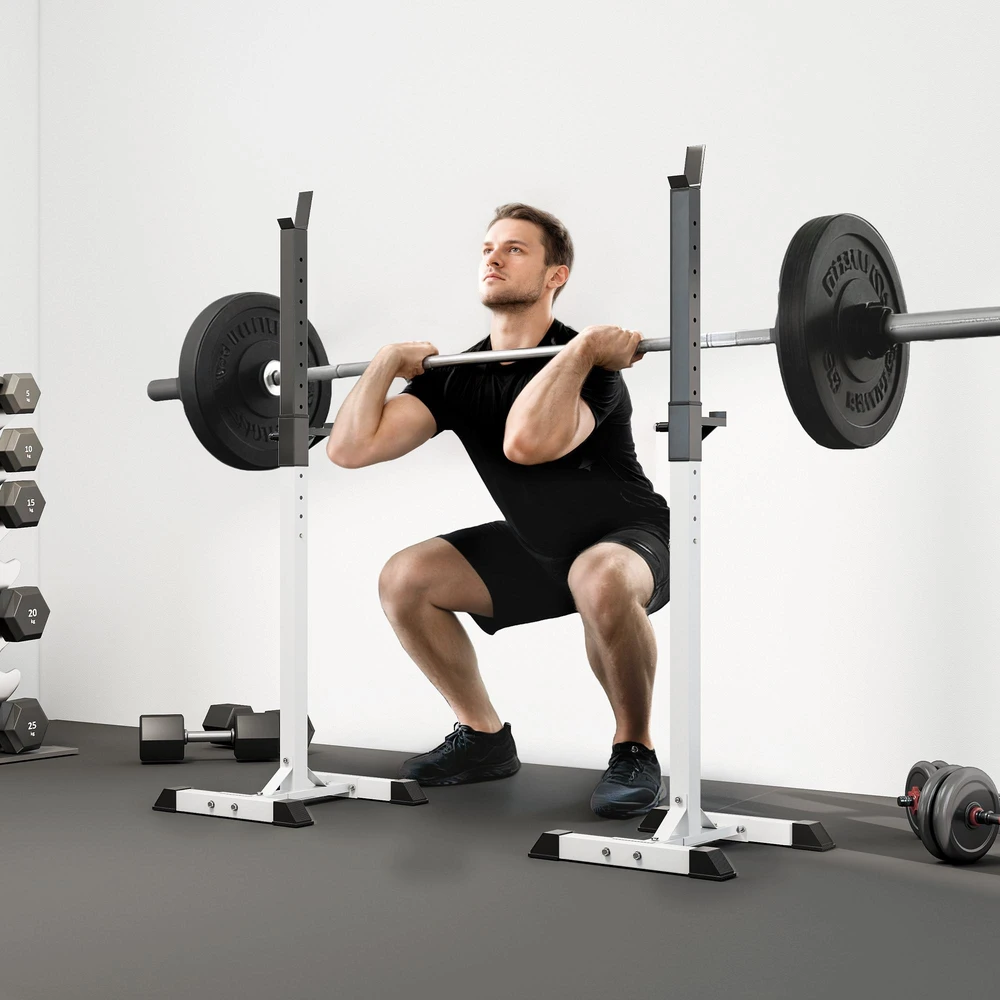 HOMCOM hantelių stovas, 2 vnt. komplektas, štangos stovas, reguliuojamo aukščio, su guminiais kojelių antgaliais, 105-160 cm, jėgos treniruotėms, iki 150 kg