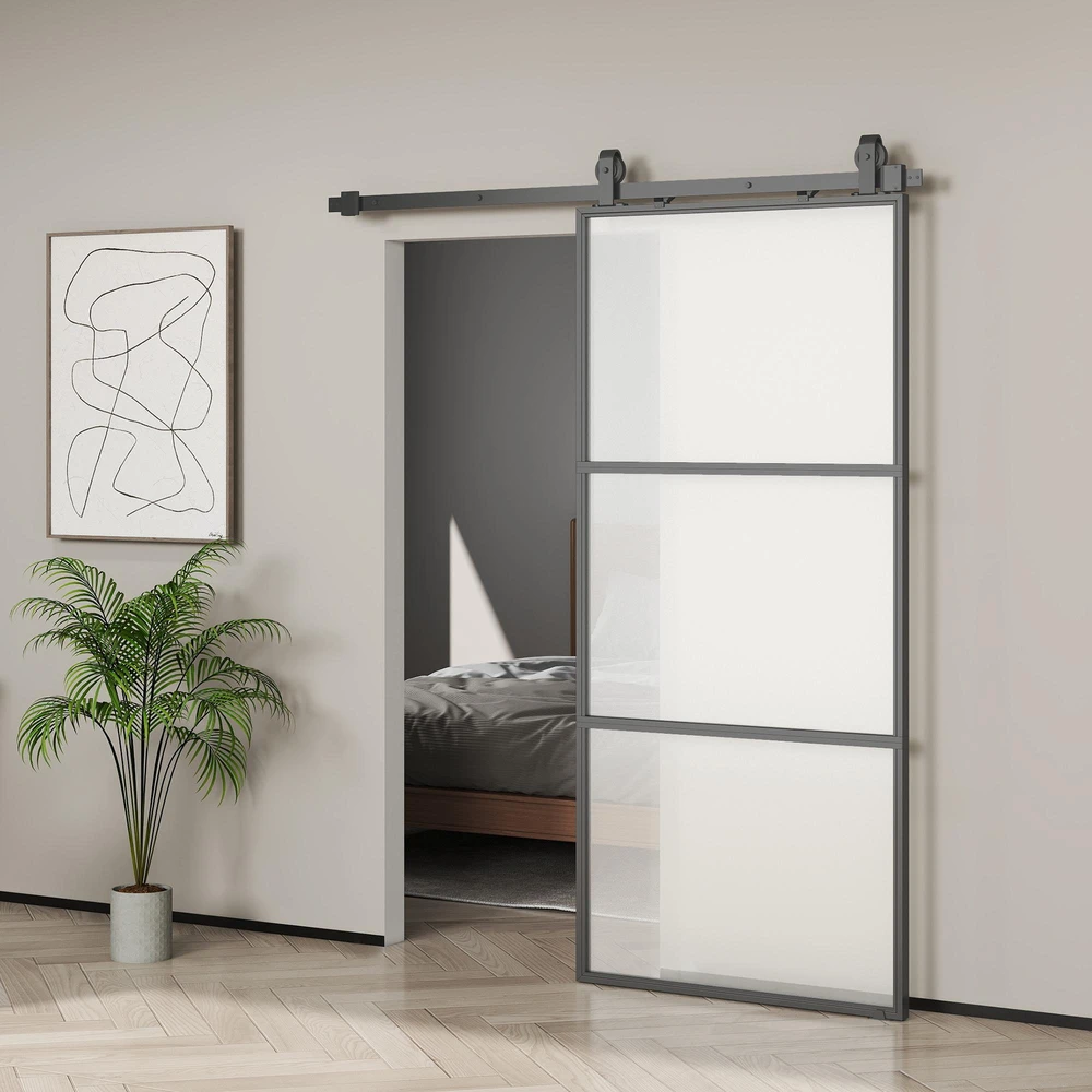 HOMCOM stumdomos durys su matiniu stiklu, bėgelių sistema, montavimo komplektu, „soft-close“ mechanizmu, juodos, plieninės