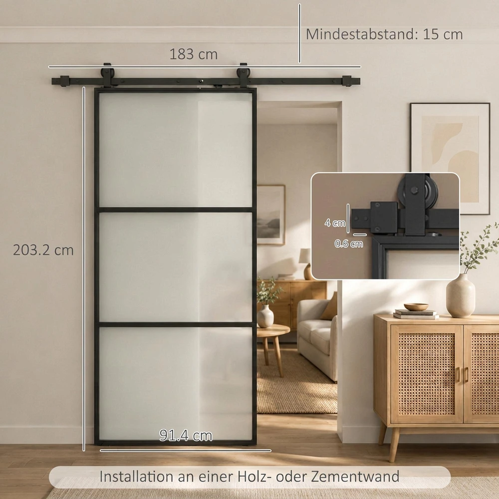 HOMCOM stumdomos durys su matiniu stiklu, bėgelių sistema, montavimo komplektu, „soft-close“ mechanizmu, juodos, plieninės