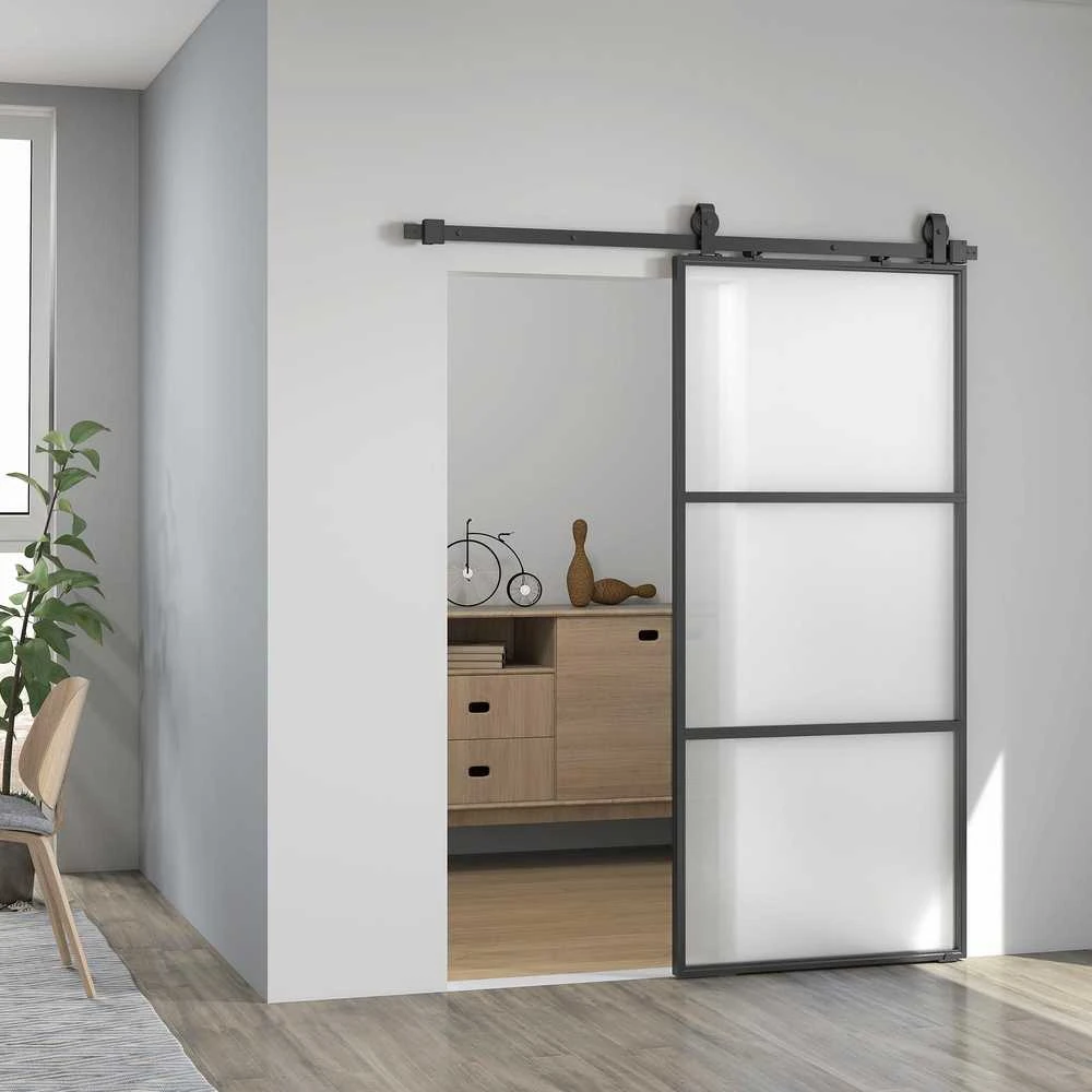 HOMCOM stumdomos durys su matiniu stiklu, bėgelių sistema, montavimo komplektu, „soft-close“ mechanizmu, juodos, plieninės