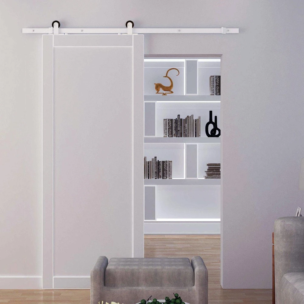 HOMCOM stumdomų durų furnitūros komplektas 183 cm, su bėgeliais, ratukais, bėgelių stabdžiais, grindų kreipiančiąja, varžtais, anglies plieno stumdomų durų sistema, balta