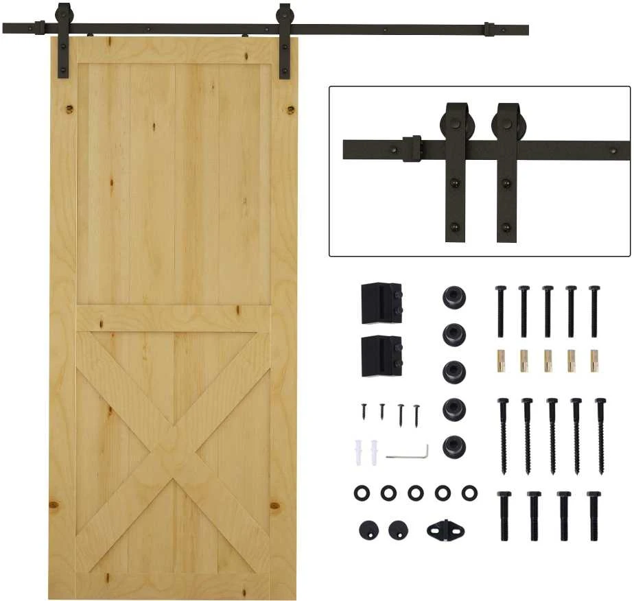 HOMCOM stumdomųjų durų furnitūros komplektas 200 cm, pilnas rinkinys su bėgeliais, ratukais, bėgelių stabdikliais, durų varžtų rinkiniu, anglinio plieno stumdomųjų durų sistema, juodas