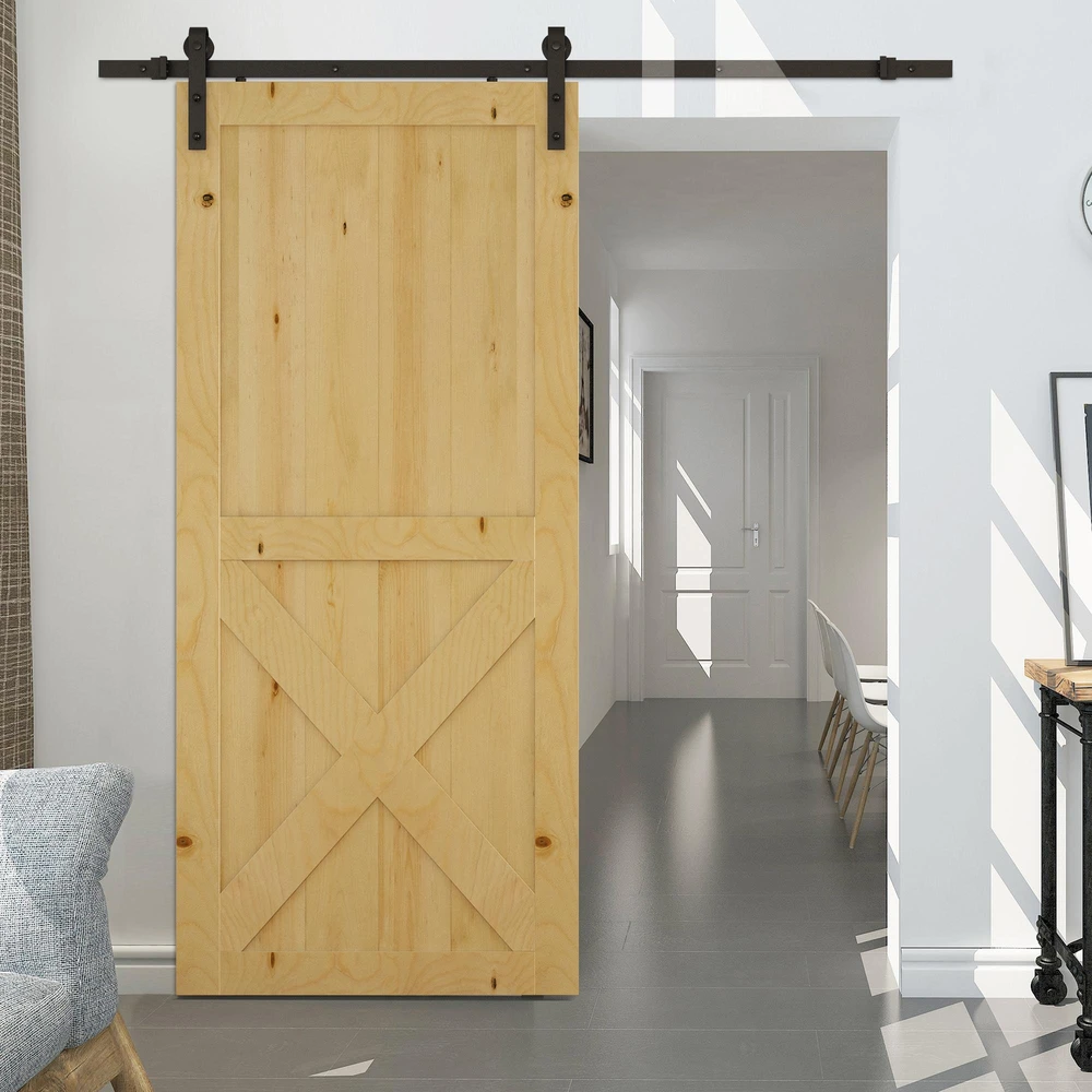 HOMCOM stumdomųjų durų furnitūros komplektas 200 cm, pilnas rinkinys su bėgeliais, ratukais, bėgelių stabdikliais, durų varžtų rinkiniu, anglinio plieno stumdomųjų durų sistema, juodas