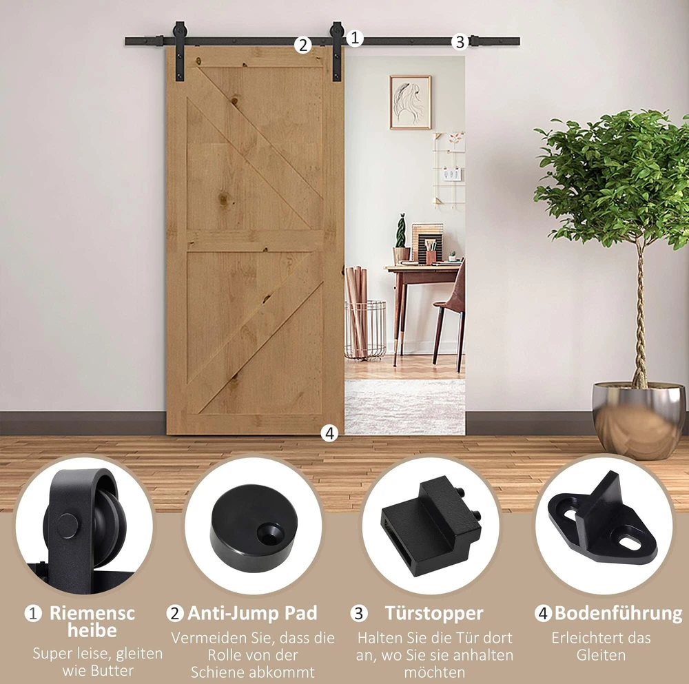 "HOMCOM" Stumdomųjų durų montavimo rinkinys 200 cm, komplektas su bėgeliais, ritinėliais, bėgių ribotuvu, grindų blokeliu, durų varžtų rinkiniu, anglinio plieno stumdomųjų durų sistema, juoda
