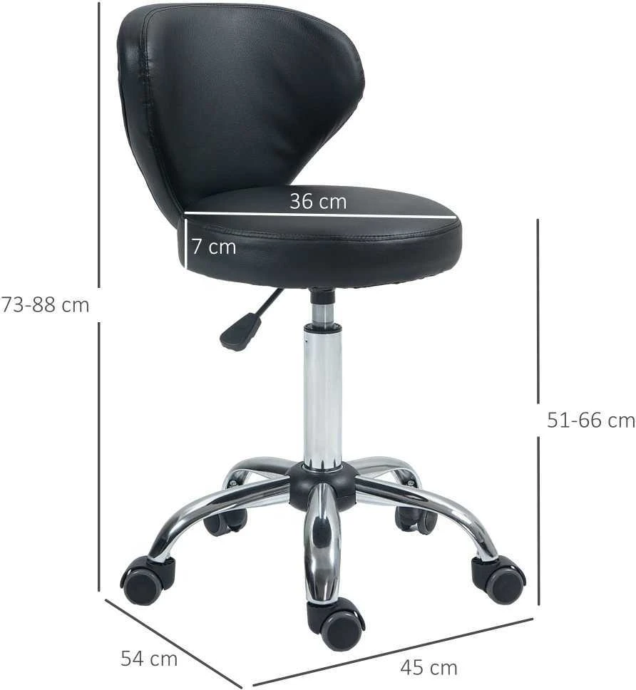 HOMCOM masažinė kėdė su ratukais – pasukama 360° darbo kėdė – reguliuojamo aukščio sėdynė 49-64 cm, ergonomiškas atlošas – chromuotas metalas, aptraukta juoda dirbtine oda