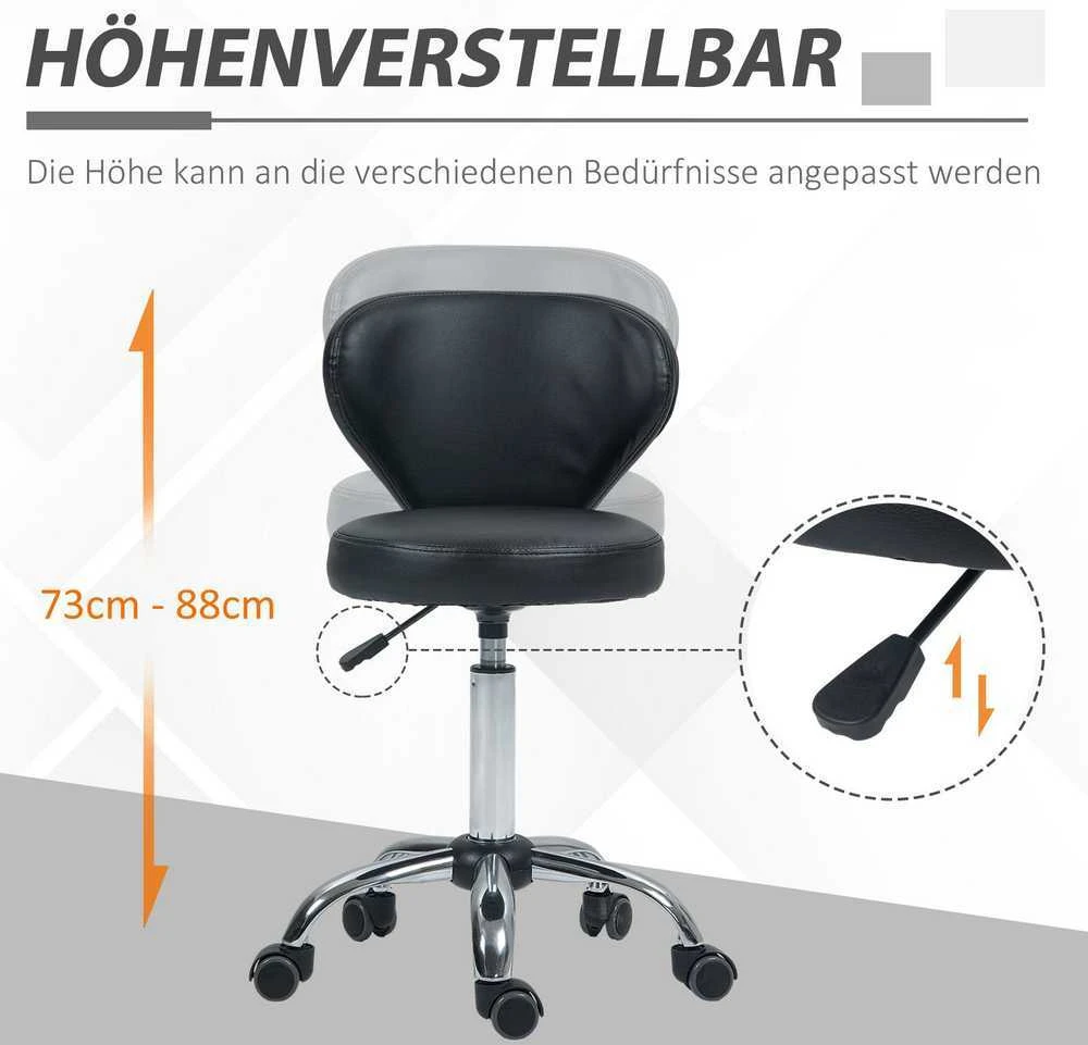 HOMCOM masažinė kėdė su ratukais – pasukama 360° darbo kėdė – reguliuojamo aukščio sėdynė 49-64 cm, ergonomiškas atlošas – chromuotas metalas, aptraukta juoda dirbtine oda