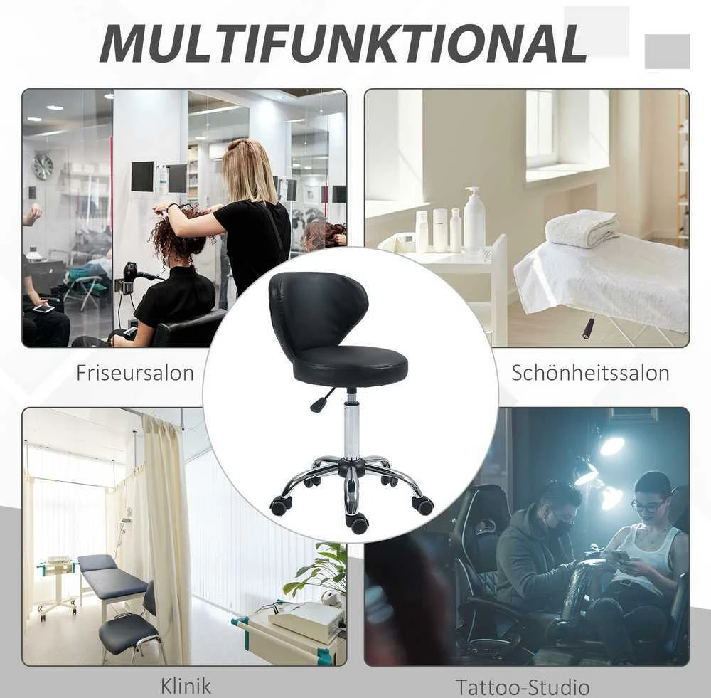HOMCOM masažinė kėdė su ratukais – pasukama 360° darbo kėdė – reguliuojamo aukščio sėdynė 49-64 cm, ergonomiškas atlošas – chromuotas metalas, aptraukta juoda dirbtine oda