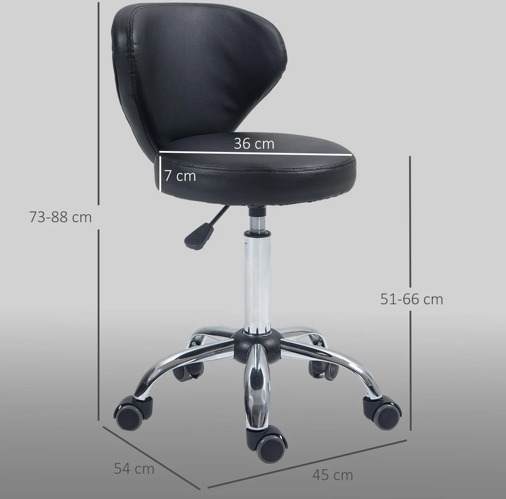 HOMCOM masažinė kėdė su ratukais – pasukama 360° darbo kėdė – reguliuojamo aukščio sėdynė 49-64 cm, ergonomiškas atlošas – chromuotas metalas, aptraukta juoda dirbtine oda