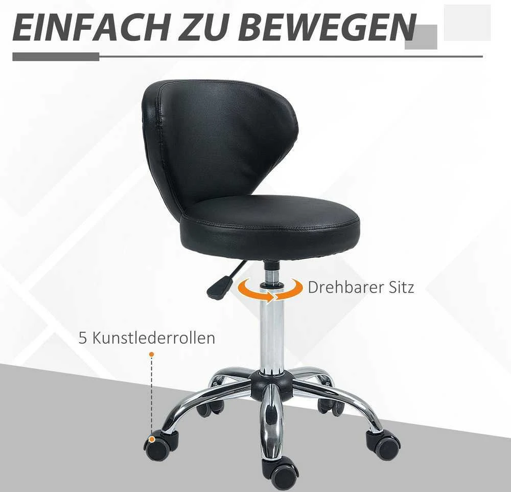 HOMCOM masažinė kėdė su ratukais – pasukama 360° darbo kėdė – reguliuojamo aukščio sėdynė 49-64 cm, ergonomiškas atlošas – chromuotas metalas, aptraukta juoda dirbtine oda