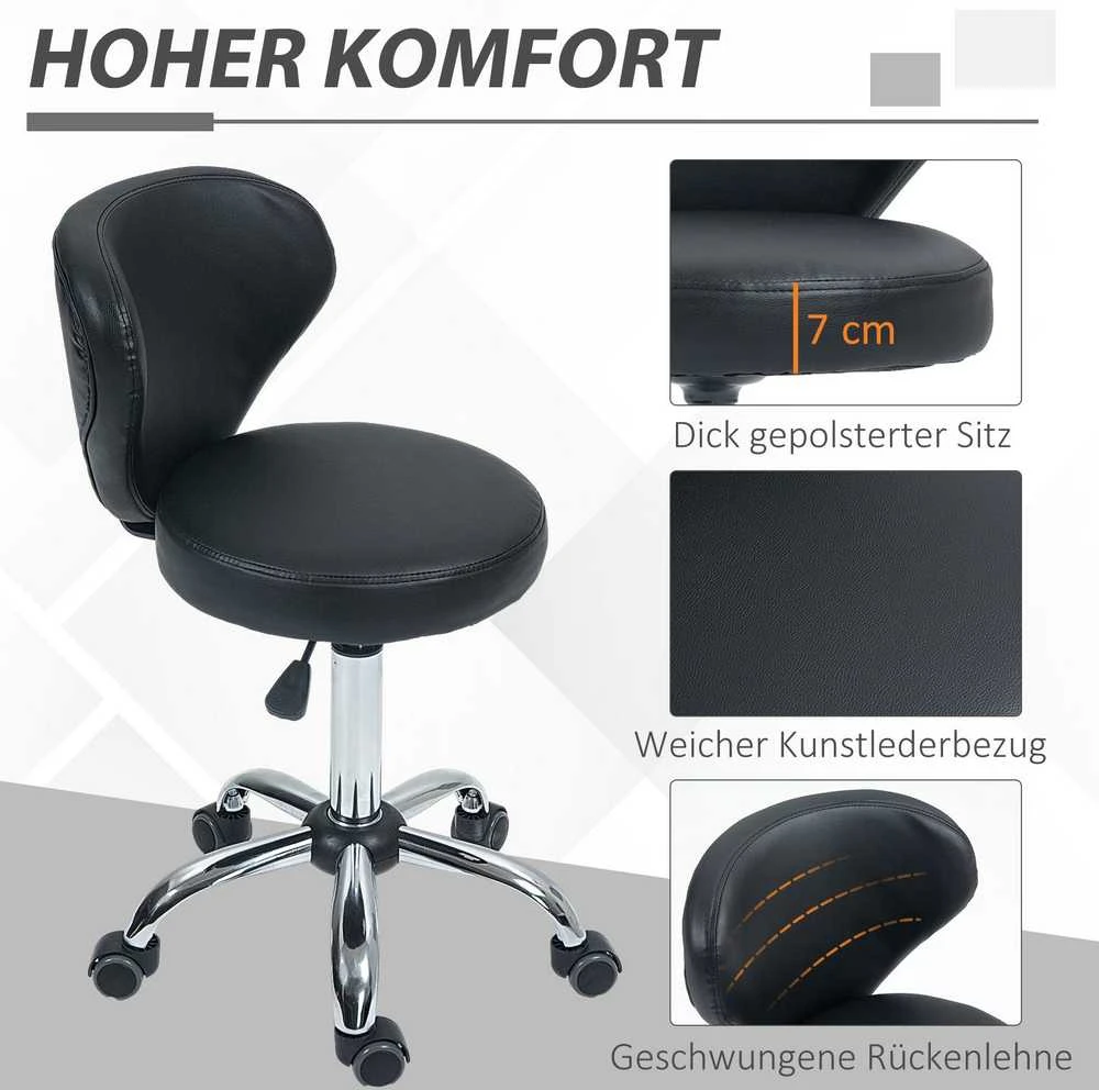 HOMCOM masažinė kėdė su ratukais – pasukama 360° darbo kėdė – reguliuojamo aukščio sėdynė 49-64 cm, ergonomiškas atlošas – chromuotas metalas, aptraukta juoda dirbtine oda