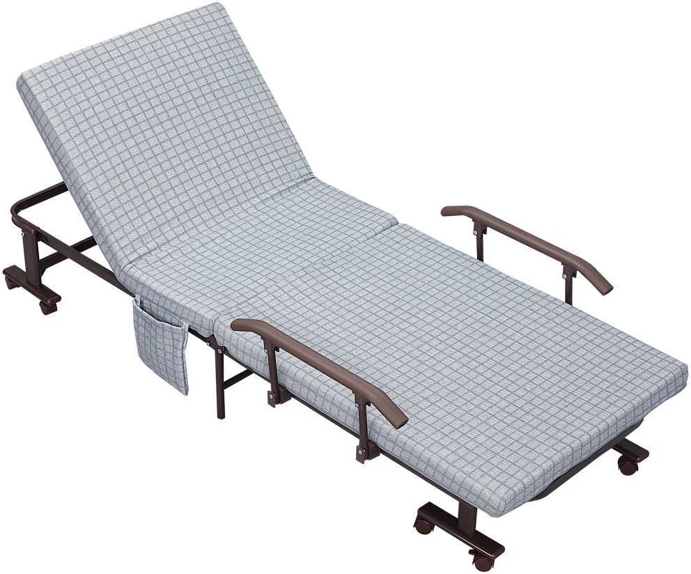 HOMCOM sulankstoma lova svečiams su ratukais, fotelis, 5 padėčių reguliuojamas atlošas, kelioninė lova, plieno rėmas, šviesiai pilka+juoda, 190x76x33cm | Aosom.de