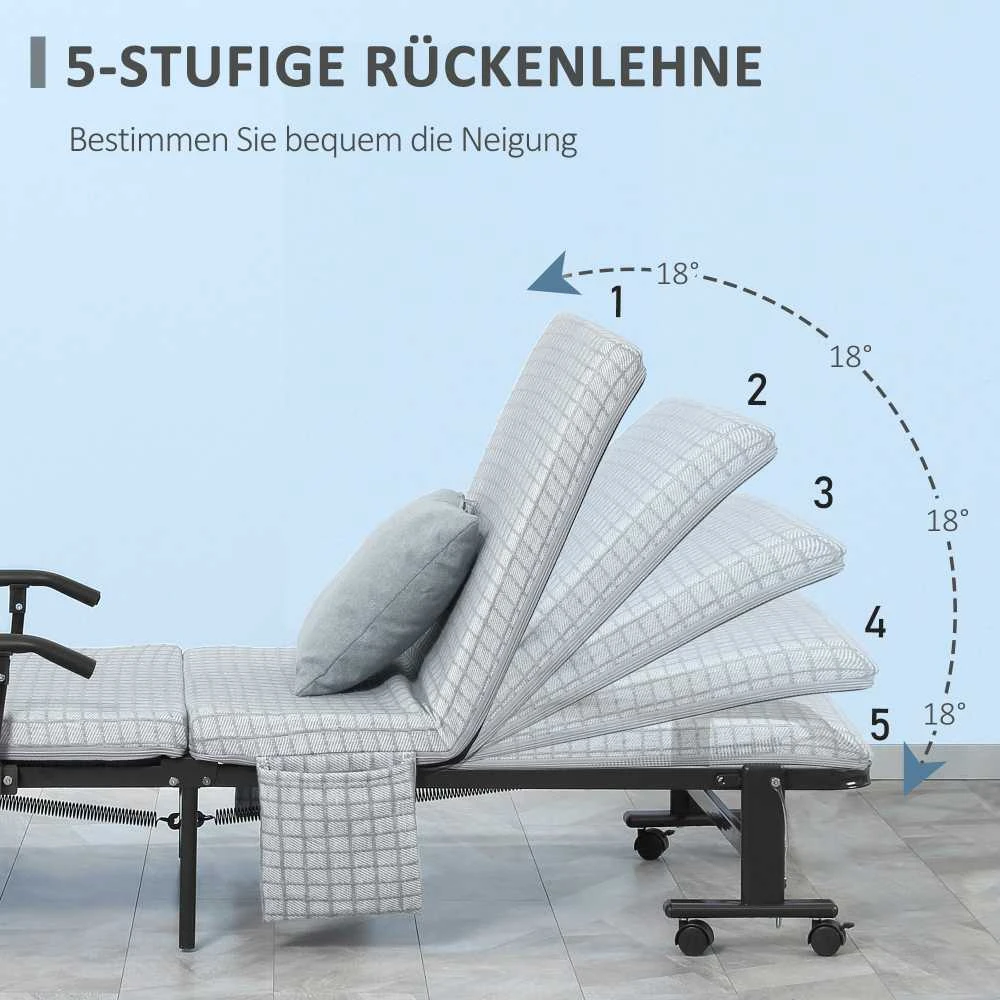 HOMCOM sulankstoma lova svečiams su ratukais, fotelis, 5 padėčių reguliuojamas atlošas, kelioninė lova, plieno rėmas, šviesiai pilka+juoda, 190x76x33cm | Aosom.de