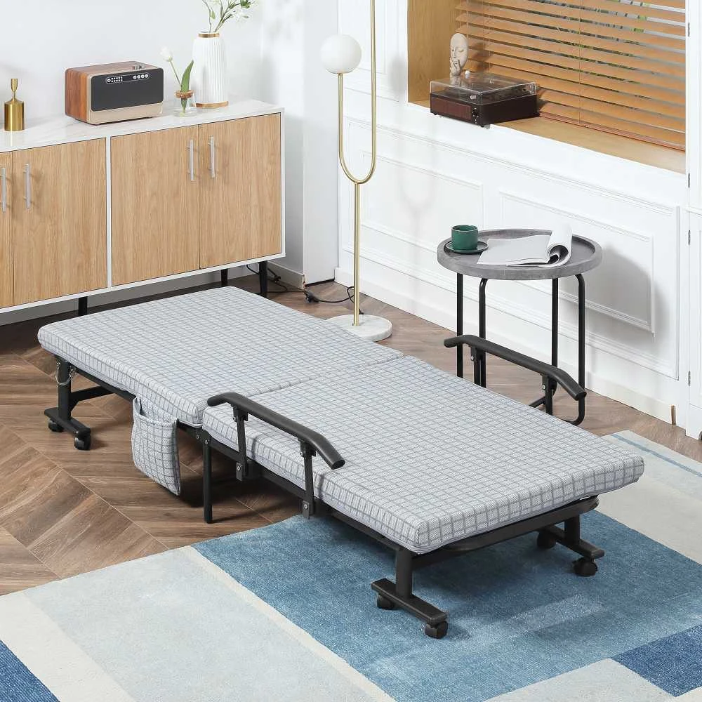 HOMCOM sulankstoma lova svečiams su ratukais, fotelis, 5 padėčių reguliuojamas atlošas, kelioninė lova, plieno rėmas, šviesiai pilka+juoda, 190x76x33cm | Aosom.de
