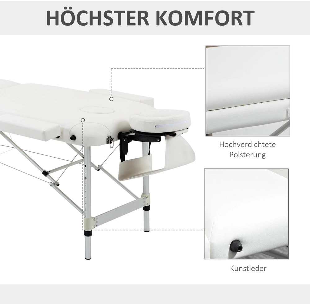 HOMCOM sulankstoma masažo lova, reguliuojamo aukščio, su galvos atrama, skirta salonui, SPA, plastikas, aliuminis, balta, 215 x 60 x 61-84 cm