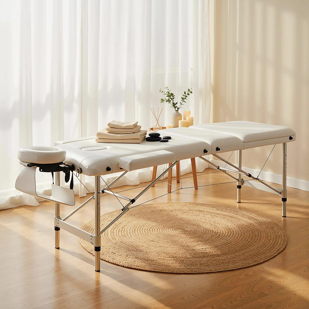 HOMCOM sulankstoma masažo lova, reguliuojamo aukščio, su galvos atrama, skirta salonui, SPA, plastikas, aliuminis, balta, 215 x 60 x 61-84 cm