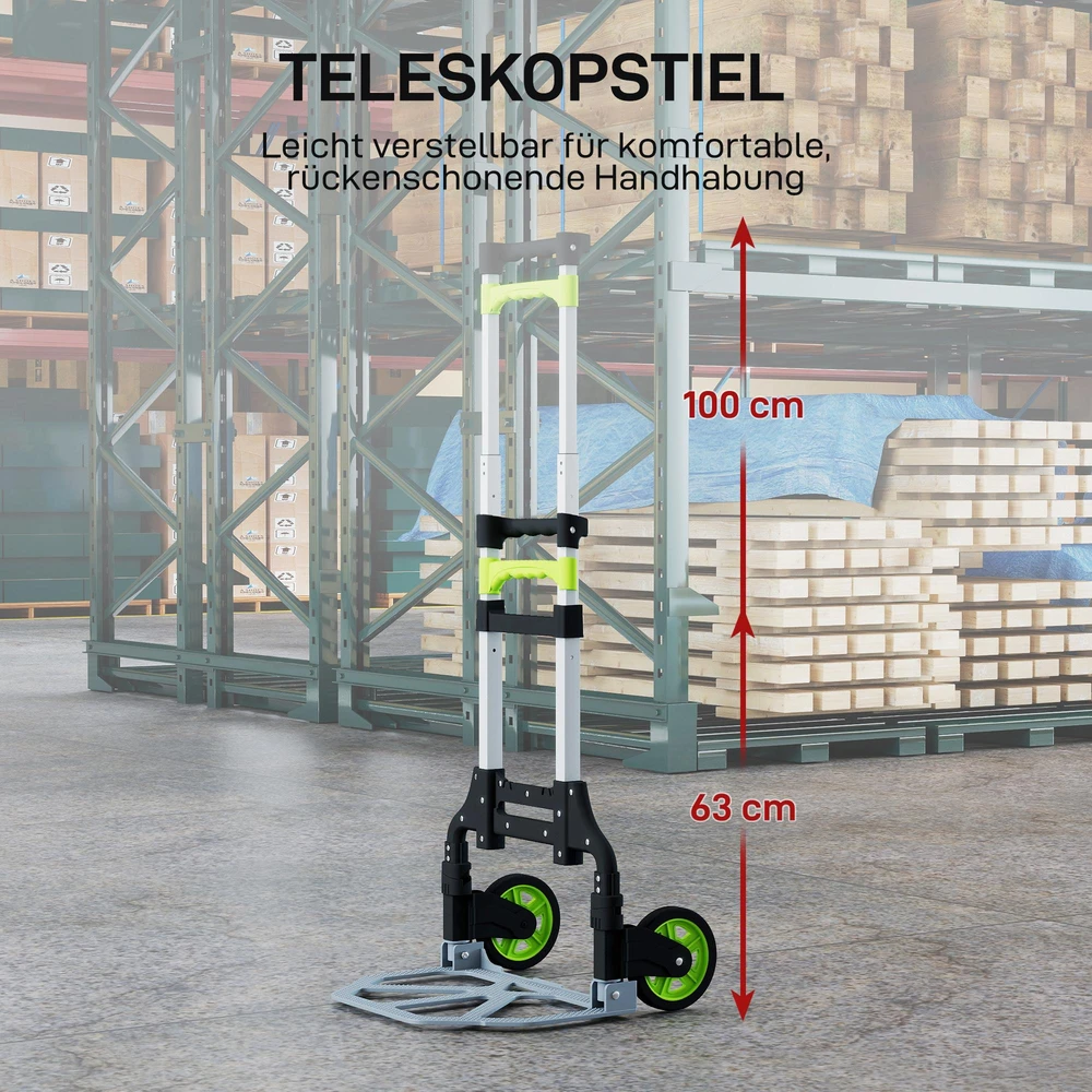 HOMCOM sulankstomas aliumininis vežimėlis kroviniams su teleskopine reguliuojamo aukščio rankena 100 cm