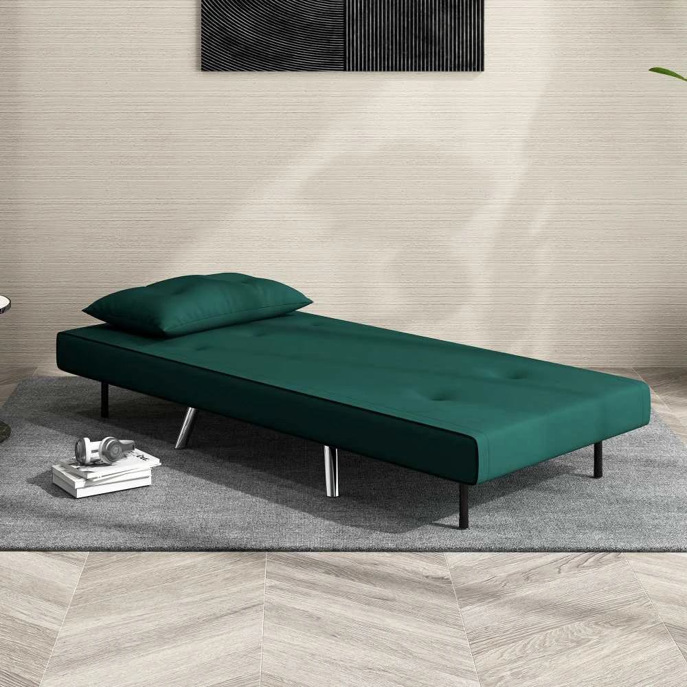 HOMCOM išskleidžiamas fotelis, fotelis-lova, vienvietė sofa su pagalve, svečių lova, minkšta sofa aksomo imitacijos, tamsiai žalia, 77 x 88 x 83 cm