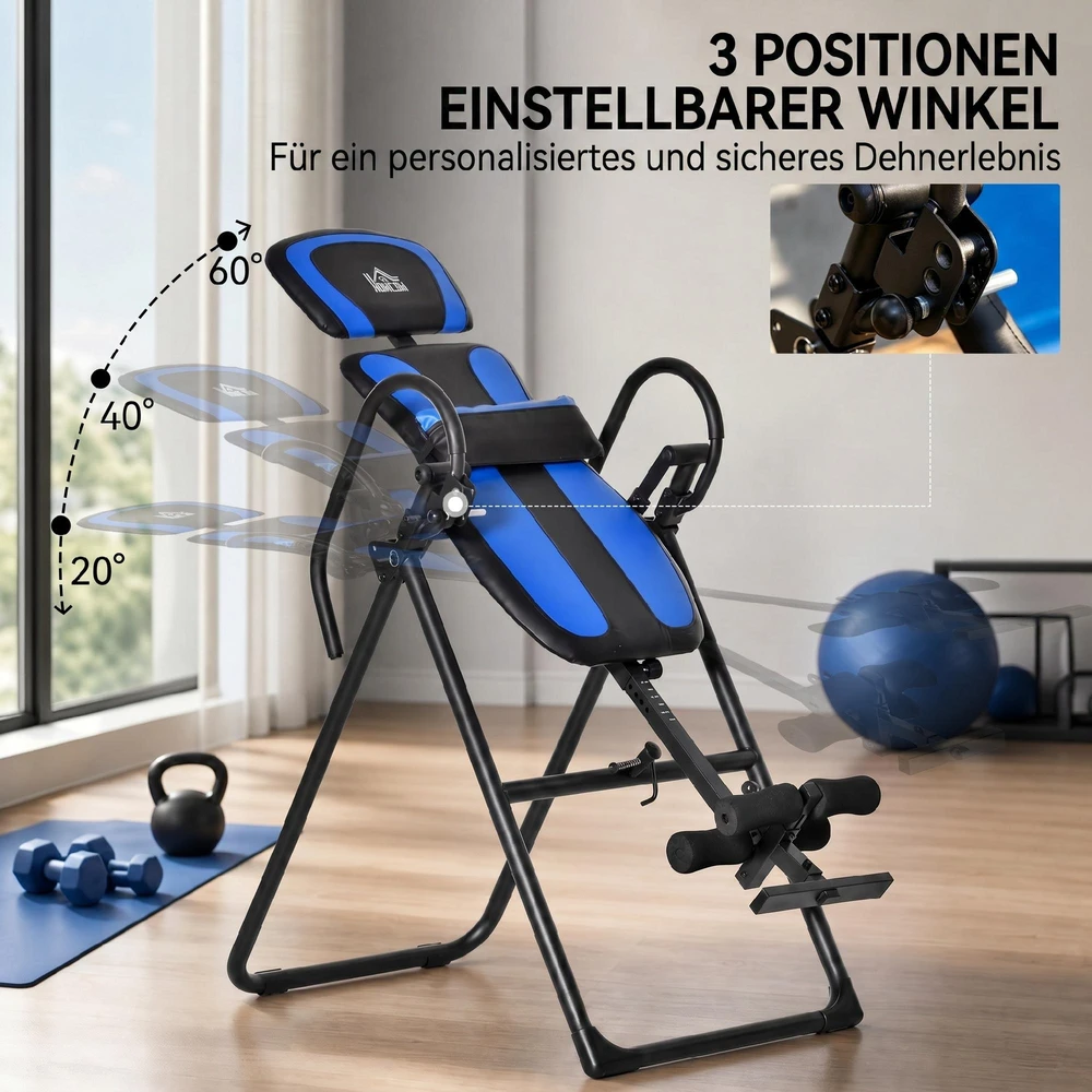 HOMCOM sulankstomas inversijos stalas, gravitacijos treniruoklis su ratukais, reguliuojamas nugaros atlošas, metalas ir ABS, juoda ir mėlyna spalvos, 132x71x145 cm