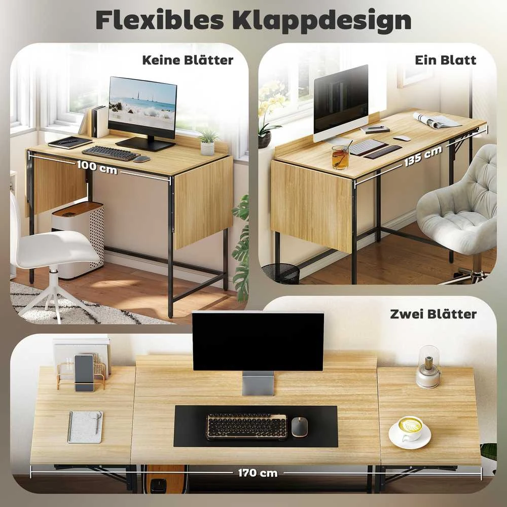 HOMCOM sulankstomas kompiuterio stalas su 2 ištraukiamomis plokštėmis, daug vietos monitoriams, metalinės kojos, tvirta konstrukcija, ąžuolo spalva + juoda