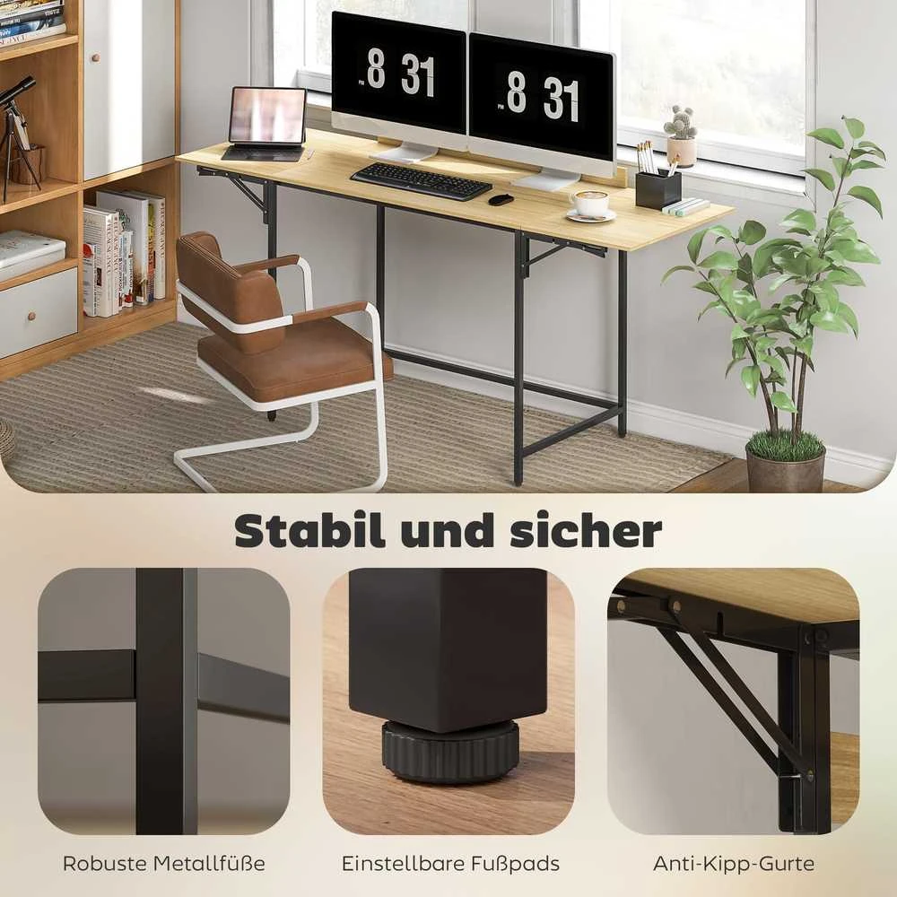 HOMCOM sulankstomas kompiuterio stalas su 2 ištraukiamomis plokštėmis, daug vietos monitoriams, metalinės kojos, tvirta konstrukcija, ąžuolo spalva + juoda