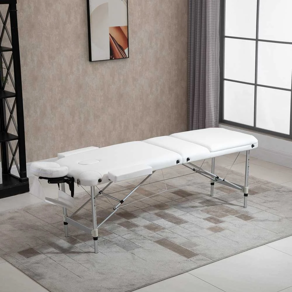 HOMCOM sulankstoma masažo lova, reguliuojamo aukščio, su galvos atrama, skirta salonui, SPA, plastikas, aliuminis, balta, 215 x 60 x 61-84 cm