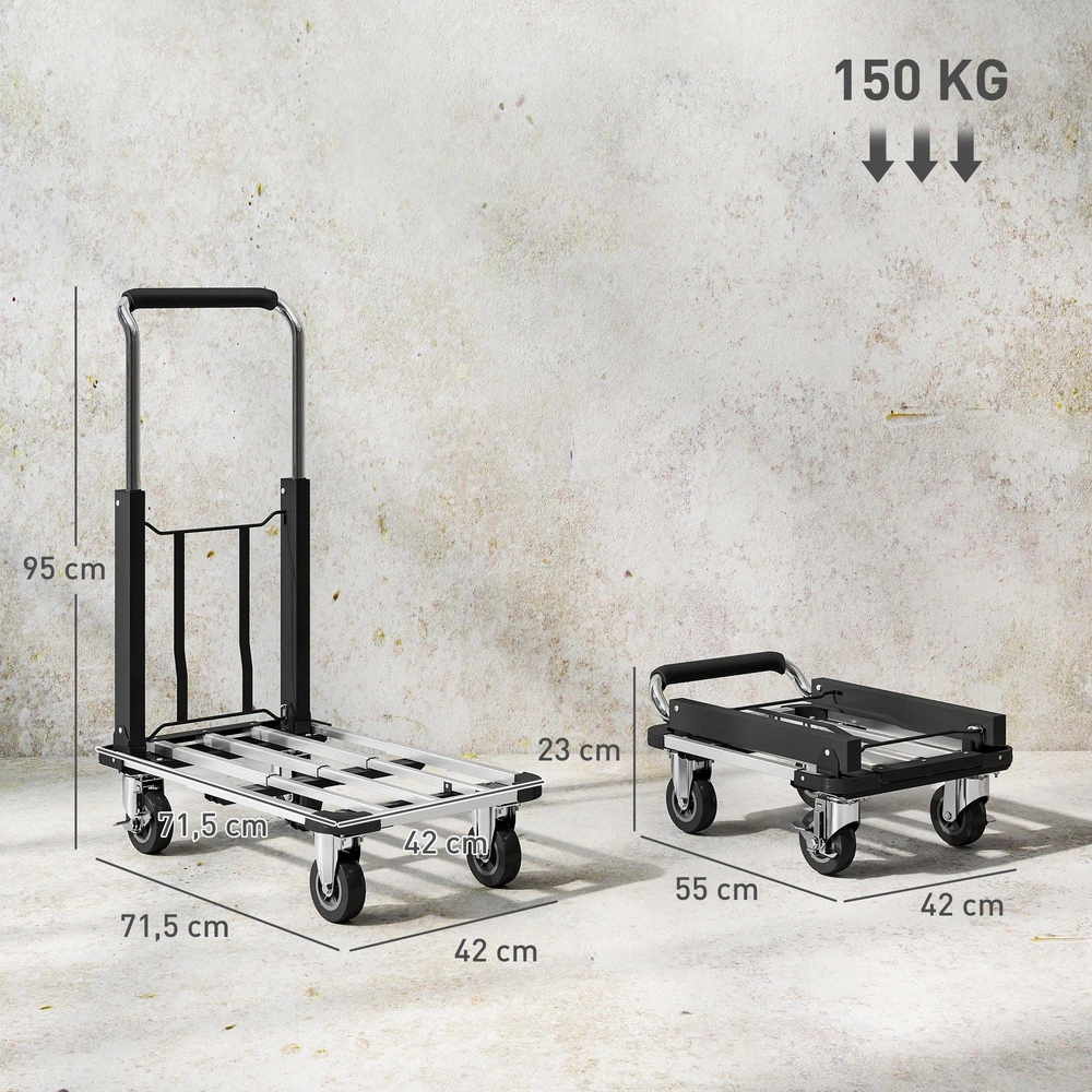 HOMCOM sulankstomas rankinis vežimėlis, 150 kg keliamosios galios, išplečiamas plotas, reguliuojamo aukščio rankena, dėžėms, metalinis, juodas