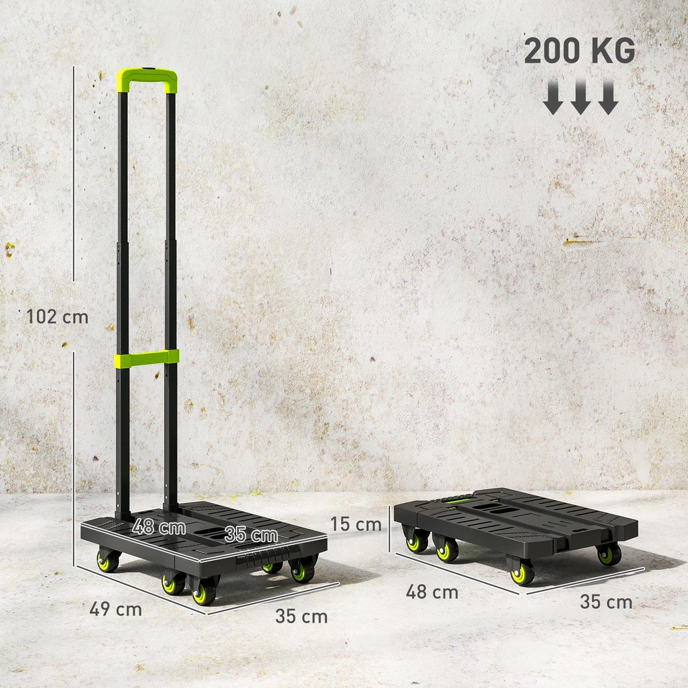 HOMCOM sulankstomas rankinis vežimėlis, metalinis transportavimo vežimėlis su ratukais ir reguliuojama rankena, 49 x 35 x 102 cm, žalias