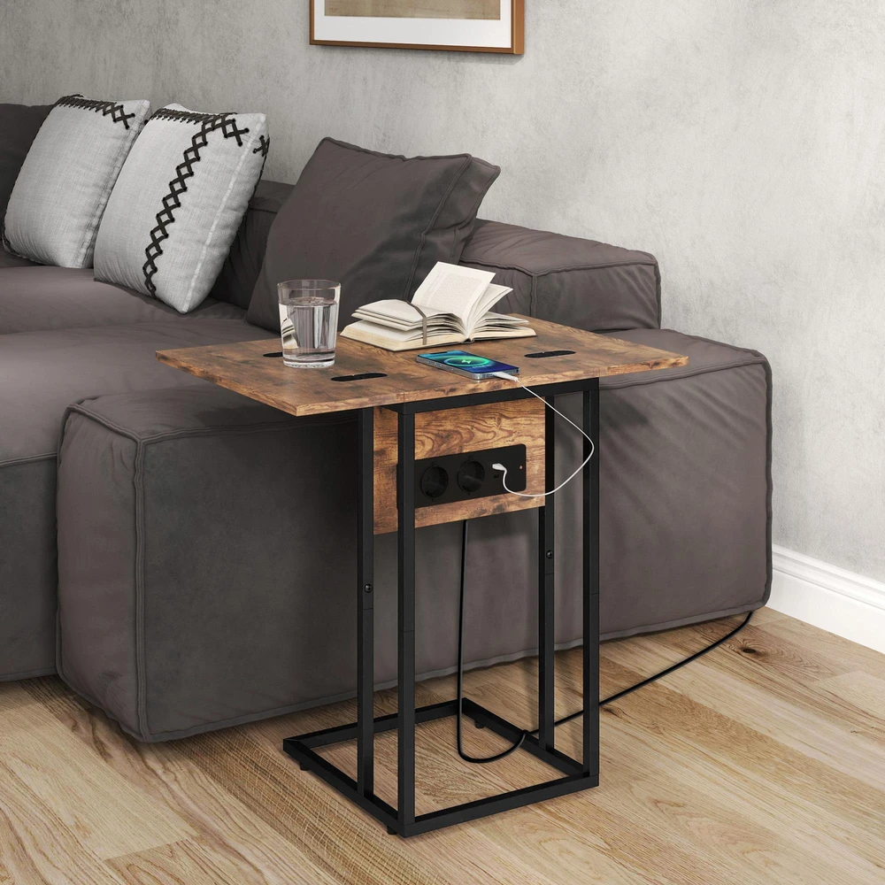 HOMCOM sulankstomas šoninis staliukas, krovimo stotelė su USB prievadais, metalas, 39 x 29 x 57 cm, rudas