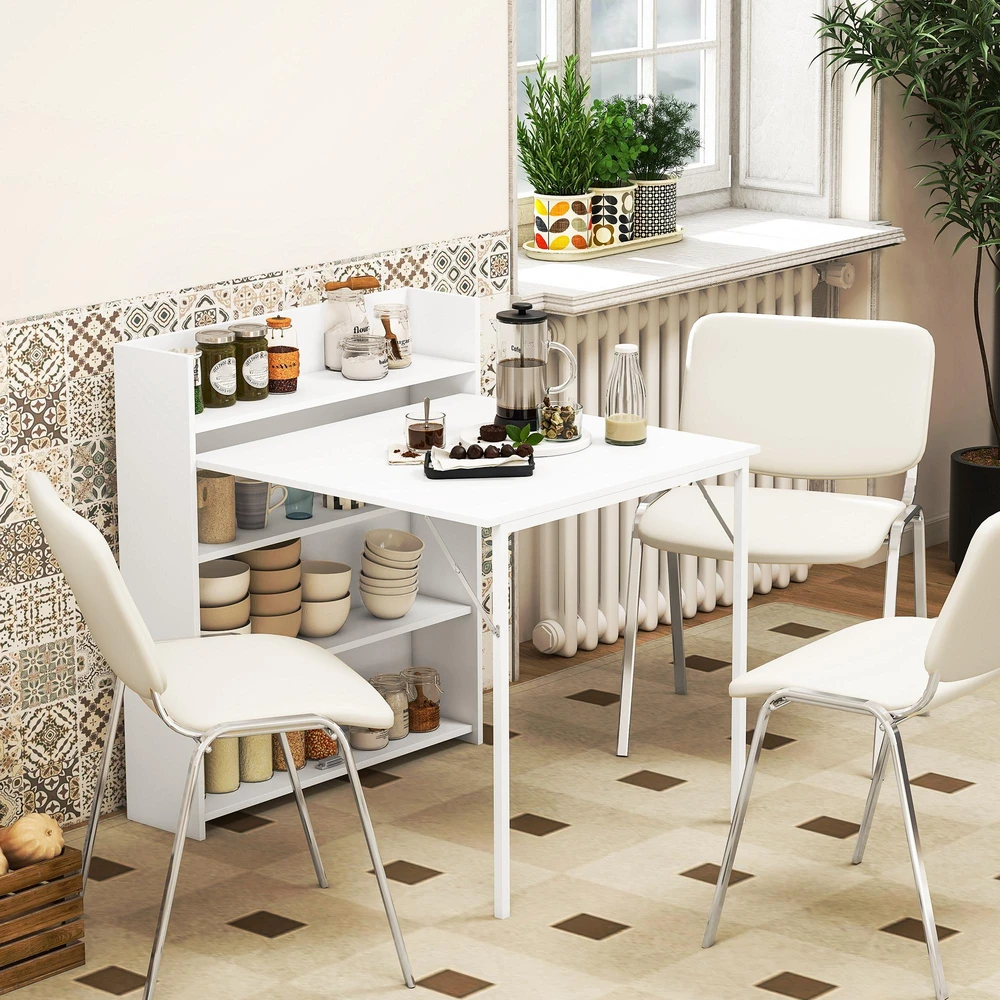 HOMCOM sulankstomas valgomasis stalas, virtuvinis stalas su 4 pakopų lentynomis 3 asmenims, sulankstomas stalas su apsauga nuo apvirtimo mažoms erdvėms, virtuvei, valgomajam, 80 x 90 x 93 cm, baltas