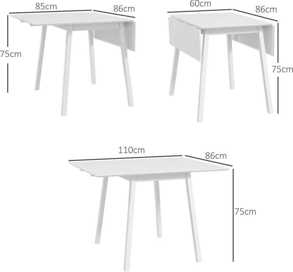 HOMCOM sulankstomas valgomojo stalas, virtuvinis stalas 2-4 asmenims, sulankstomas stalas, medinis valgomojo stalas, mažoms erdvėms, 110 x 86 x 75 cm, baltas