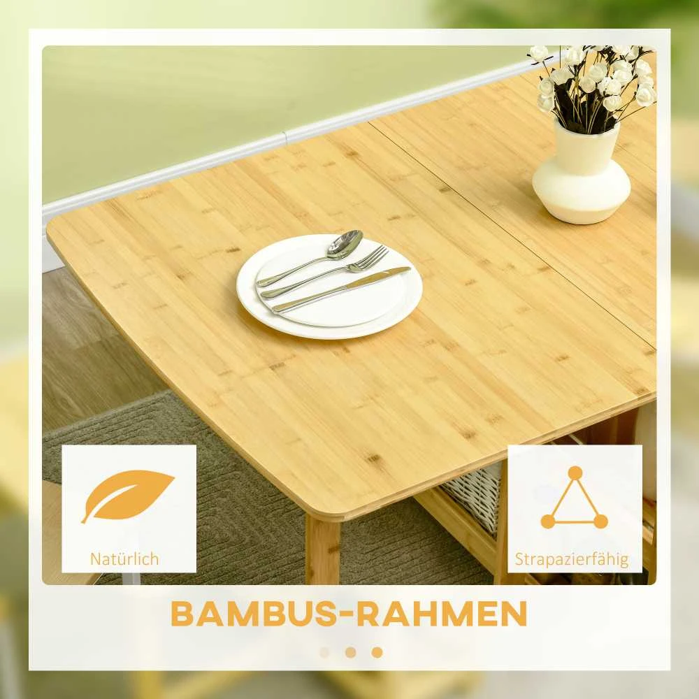 HOMCOM sulankstomas valgomojo stalas, virtuvės stalas su lentynomis ir reguliuojamomis kojomis, kaimiško stiliaus, bambukinis, natūralaus medžio spalvos, 149,5 x 80 x 73,5 cm