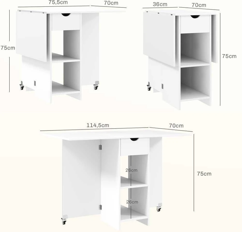 HOMCOM sulankstomas valgomojo stalas, mobilus virtuvės stalas 2-4 asmenims su atviromis lentynomis, 1 stalčiumi, sulankstomas stalas mažoms erdvėms, valgomasis 114,5 x 70 x 75 cm, baltas