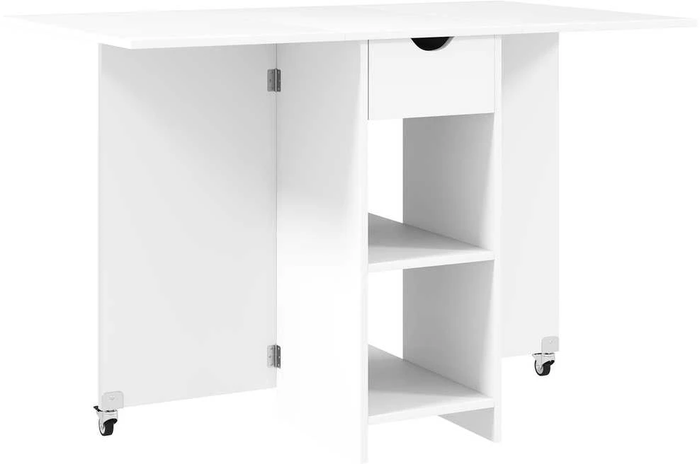 HOMCOM sulankstomas valgomojo stalas, mobilus virtuvės stalas 2-4 asmenims su atviromis lentynomis, 1 stalčiumi, sulankstomas stalas mažoms erdvėms, valgomasis 114,5 x 70 x 75 cm, baltas