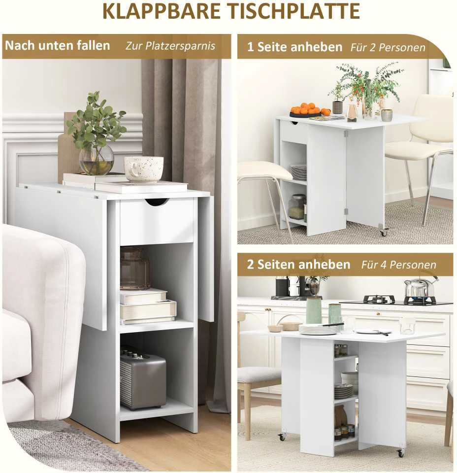 HOMCOM sulankstomas valgomojo stalas, mobilus virtuvės stalas 2-4 asmenims su atviromis lentynomis, 1 stalčiumi, sulankstomas stalas mažoms erdvėms, valgomasis 114,5 x 70 x 75 cm, baltas