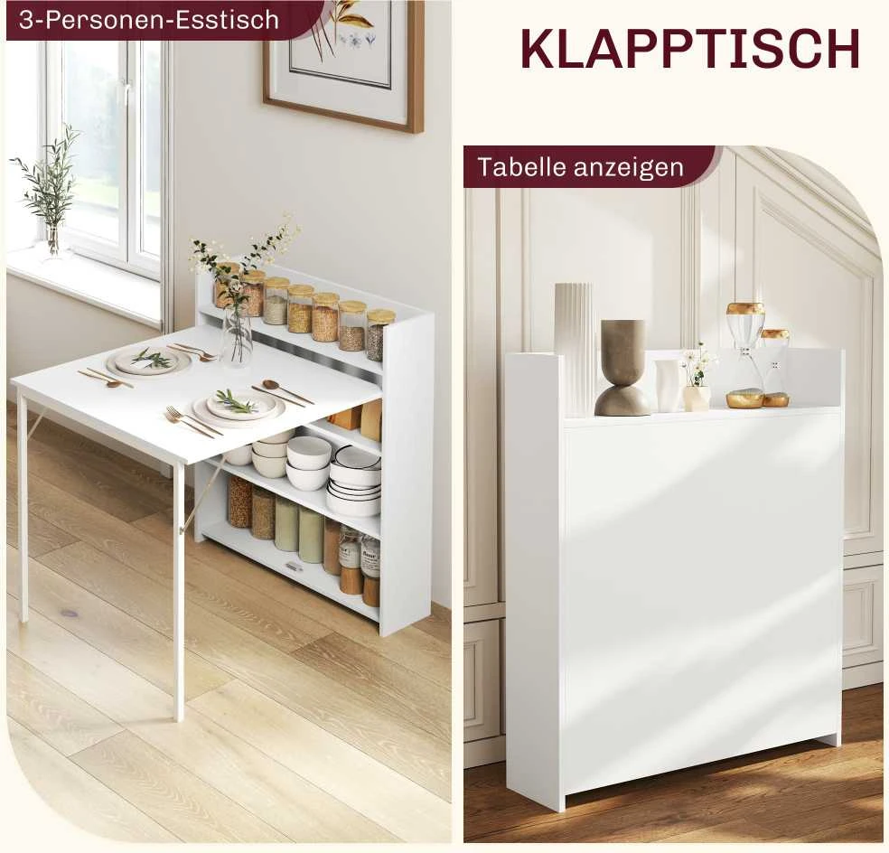 HOMCOM sulankstomas valgomasis stalas, virtuvinis stalas su 4 pakopų lentynomis 3 asmenims, sulankstomas stalas su apsauga nuo apvirtimo mažoms erdvėms, virtuvei, valgomajam, 80 x 90 x 93 cm, baltas