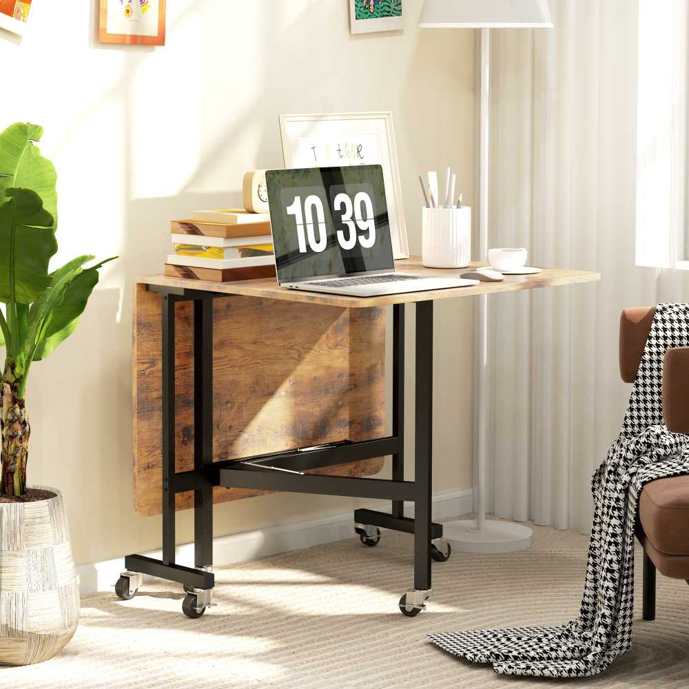 HOMCOM Sulankstomas valgomojo stalas Virtuvės stalas su ratukais, stabdžiai 4-6 žmonėms, sulankstomas stalas mažoms patalpoms, virtuvei, pakraunamas iki 100 kg, 120 x 80 x 73 cm, kaimiškos rudos spalvos