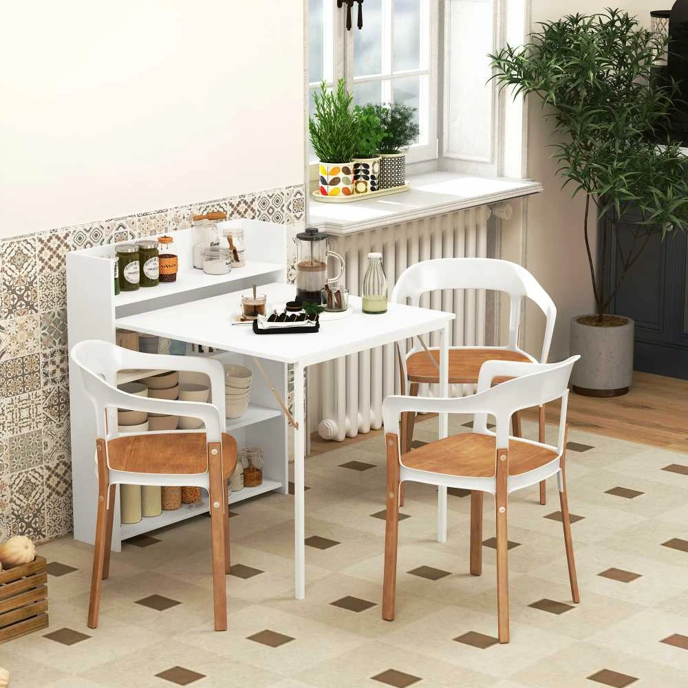 HOMCOM sulankstomas valgomasis stalas, virtuvinis stalas su 4 pakopų lentynomis 3 asmenims, sulankstomas stalas su apsauga nuo apvirtimo mažoms erdvėms, virtuvei, valgomajam, 80 x 90 x 93 cm, baltas