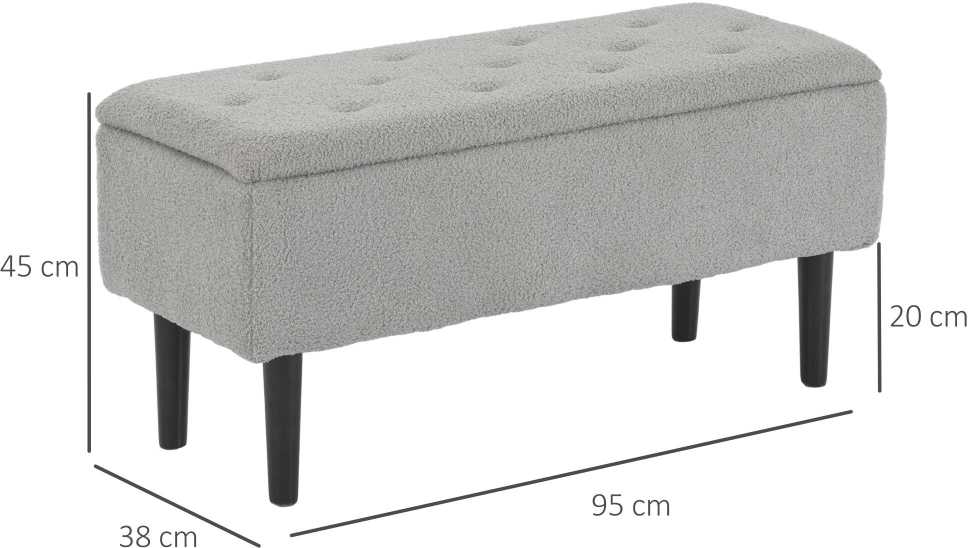 HOMCOM suoliukas su daiktadėže, lovos suoliukas, paminkštintas suoliukas su atverčiamu dangčiu, aksomo išvaizdos, skrynia, svetainei, miegamajam, pilkas, 95 x 38 x 45 cm