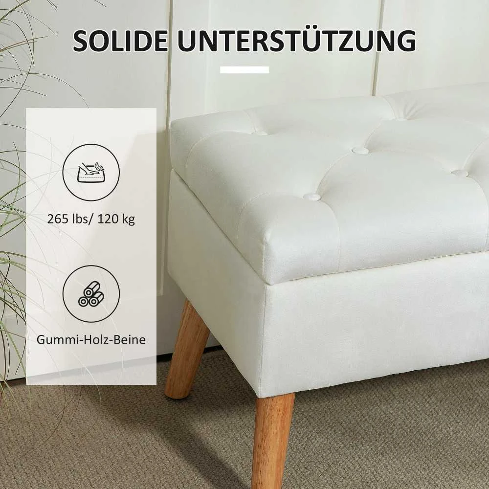 HOMCOM suoliukas su daiktadėže, paminkštintas suoliukas su dangčiu, lovos suoliukas, aksominė išvaizda, prieškambariui, miegamajam, svetainei, kaučiukmedis, 102 x 35 x 43 cm, baltas