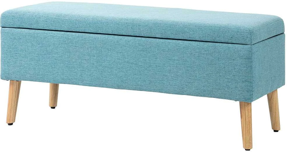 HOMCOM suoliukas su daiktadėže, suolo suolo su lino tekstūra prieškambariui, miegamajam, svetainei, guminis medis, mėlynas, 110 x 39 x 45 cm