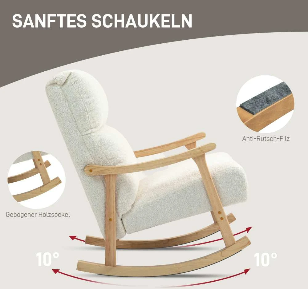 HOMCOM supamasis krėslas, ergonomiškas krėslas su siūbavimo funkcija, fotelis su porankiais, krėslas maitinimui su aksomo išvaizda, supamasis krėslas iki 120 kg, miegamajam, svetainei, kreminės baltos spalvos