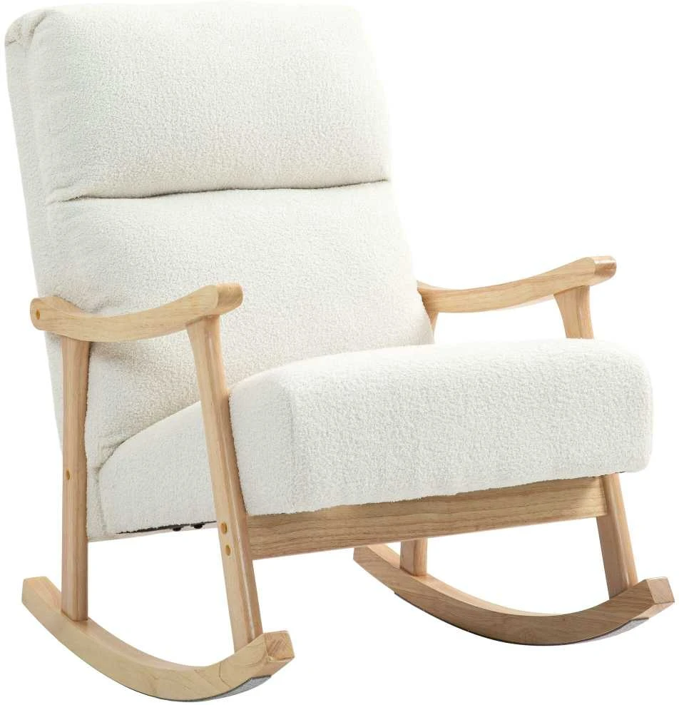 HOMCOM supamasis krėslas, ergonomiškas krėslas su siūbavimo funkcija, fotelis su porankiais, krėslas maitinimui su aksomo išvaizda, supamasis krėslas iki 120 kg, miegamajam, svetainei, kreminės baltos spalvos