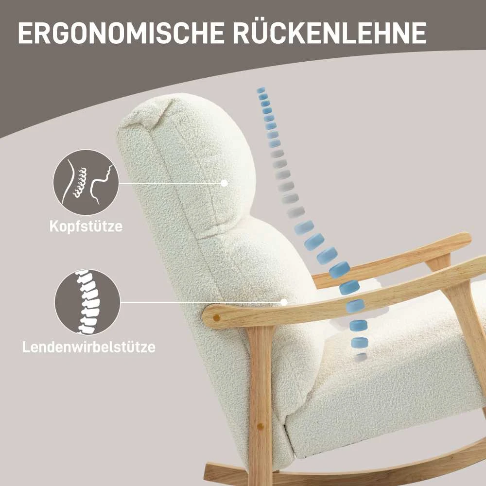 HOMCOM supamasis krėslas, ergonomiškas krėslas su siūbavimo funkcija, fotelis su porankiais, krėslas maitinimui su aksomo išvaizda, supamasis krėslas iki 120 kg, miegamajam, svetainei, kreminės baltos spalvos